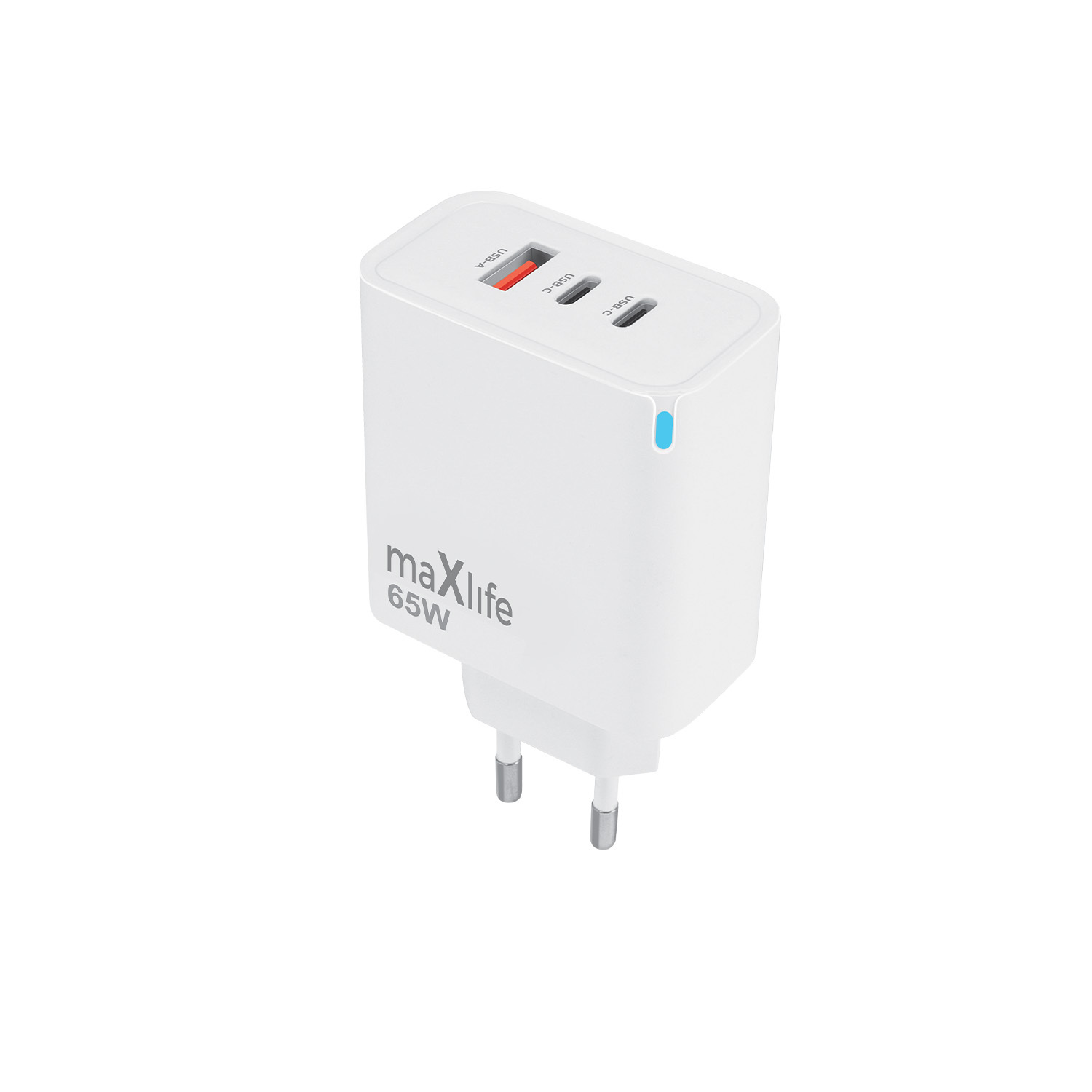 Maxlife MXTC-09-65ACC GaN hálózati gyorstöltő – 65W, 2× USB-C PD + 1× USB-A QC, fehér