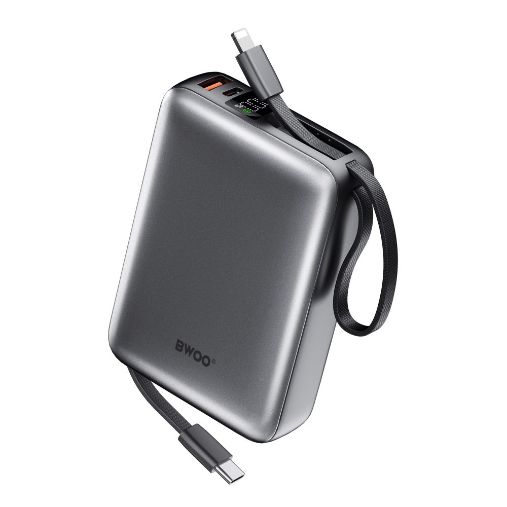 BWOO P73 20000mAh powerbank – 22,5 W gyorstöltés + beépített kábelek (USB-C & Lightning) – fekete