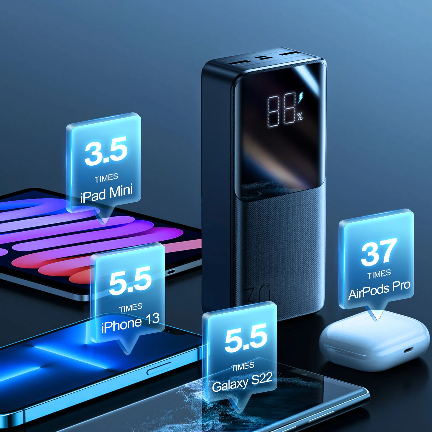Joyroom JR-QP193 30000mAh Powerbank, 22.5W PD/QC3.0, 2×USB-A + USB-C, digitális kijelző – 8. kép