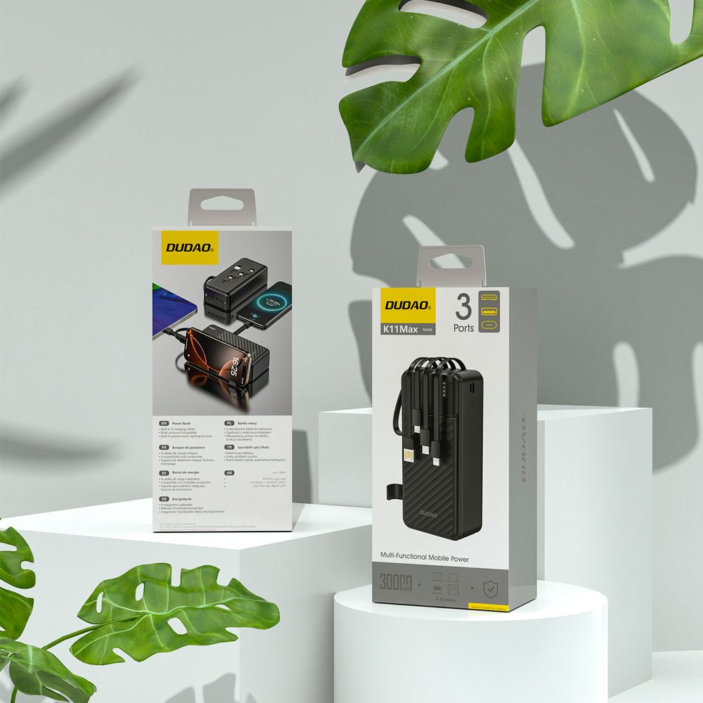 Dudao K11 Max 30000mAh Powerbank - 10W, Beépített kábelek (USB-C / Lightning / micro USB / USB-A), Telefontartó – 12. kép