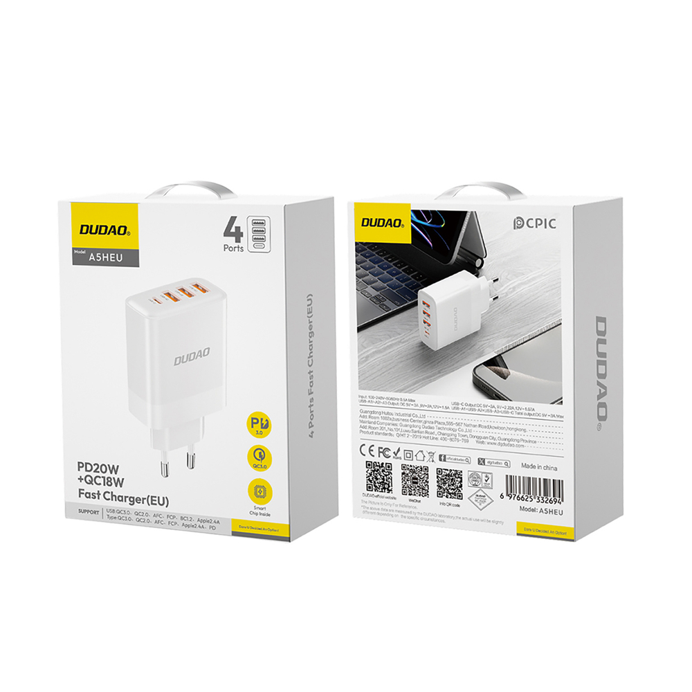 Dudao A5HEU 20W Hálózati Töltő, 3×USB-A + USB-C, PD/QC gyorstöltés, univerzális adapter – 3. kép
