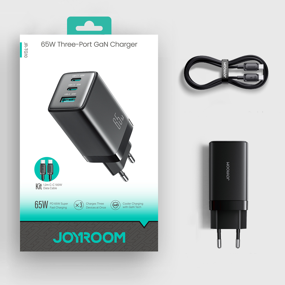 Joyroom JR-TG10 65W GaN Hálózati Töltő, 2×USB-C + USB-A, PD/PPS/QC gyorstöltés + USB-C kábel – 17. kép