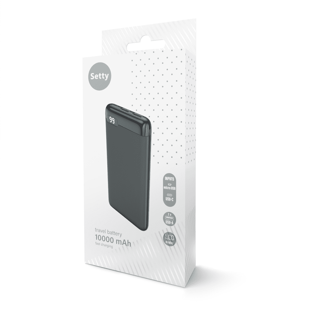 Setty SPBL-10 10000mAh Powerbank, LCD  – Gyors Töltés és LCD Kijelző, Fekete – 12. kép