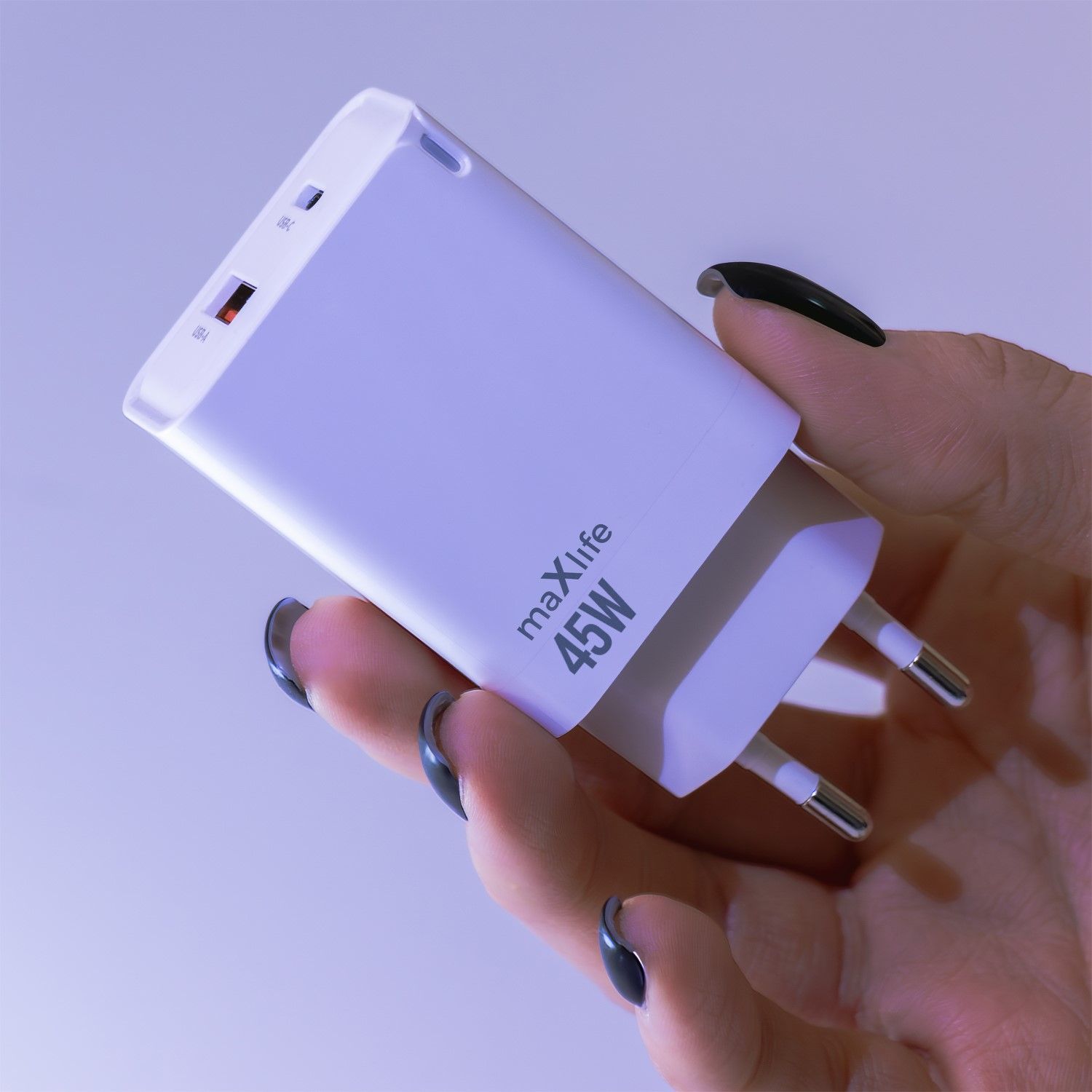 Maxlife MXTC-09-45AC GaN USB-C + USB hálózati töltő – 45W, fehér – 8. kép