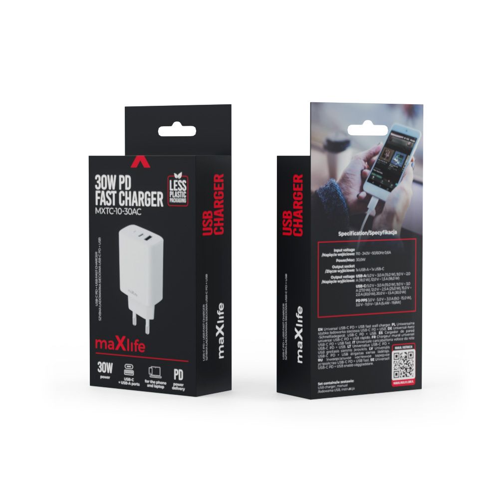 Maxlife MXTC-10-30AC USB-C + USB hálózati töltő – 30W, fehér – 11. kép