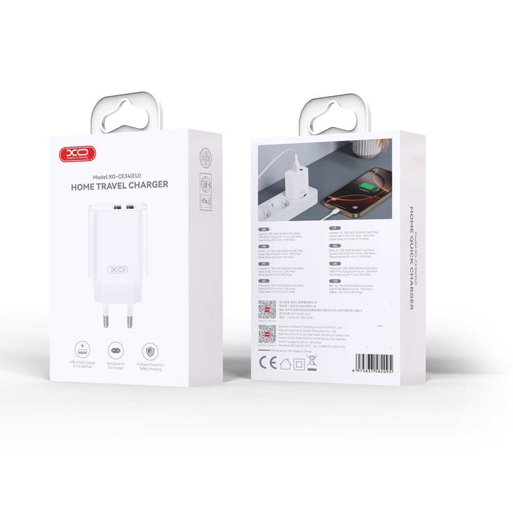 XO CE34 hálózati gyorstöltő, 2xUSB, 2,4A, fehér – 5. kép
