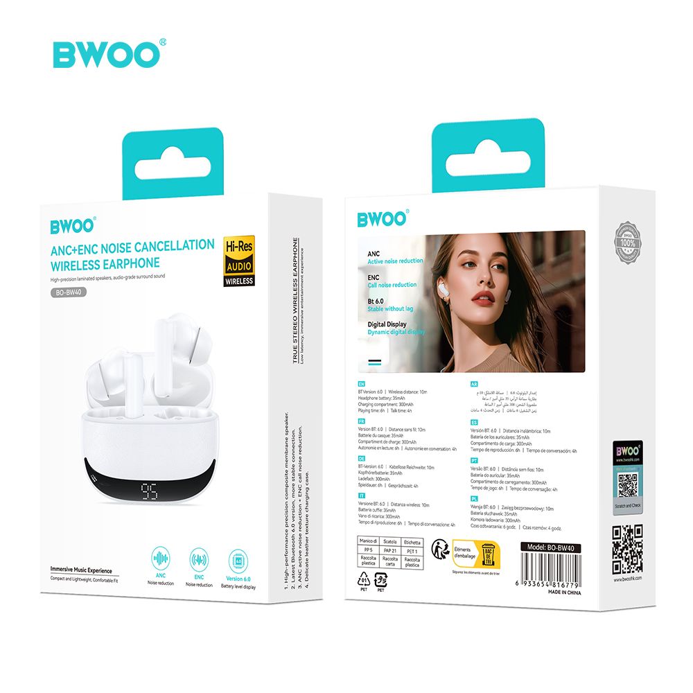 BWOO BW40 TWS Bluetooth fülhallgató aktív zajszűréssel (ANC) – LCD kijelzős töltőtokkal, fehér – 10. kép
