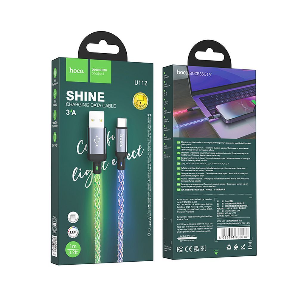 Hoco U112 Shine USB-A – USB-C LED világításos gyorstöltő és adatkábel 3A, 1 méter – 18. kép