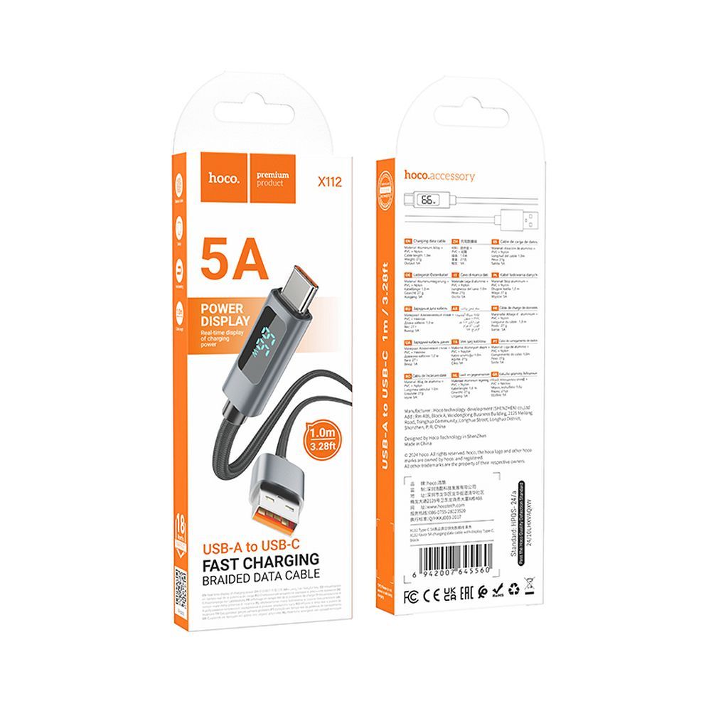 Hoco X112 USB-A – USB-C gyorstöltő és adatkábel digitális kijelzővel 5A, 1 méter – 18. kép