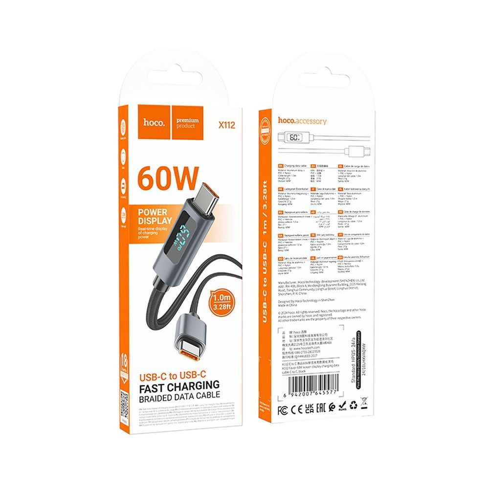Hoco X112 USB-C – USB-C gyorstöltő és adatkábel digitális teljesítménykijelzővel 60W, 1 méter – 18. kép