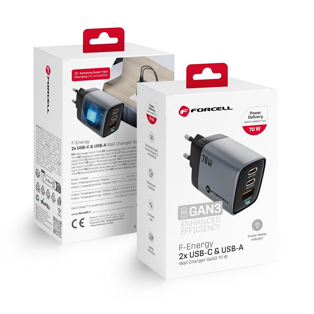 Forcell F-Energy VT-37 GaN III hálózati gyorstöltő – 70W, 2× USB-C + USB-A, PD, QC 4.0, Samsung SFC 2.0, LCD kijelző, szürke – 4. kép