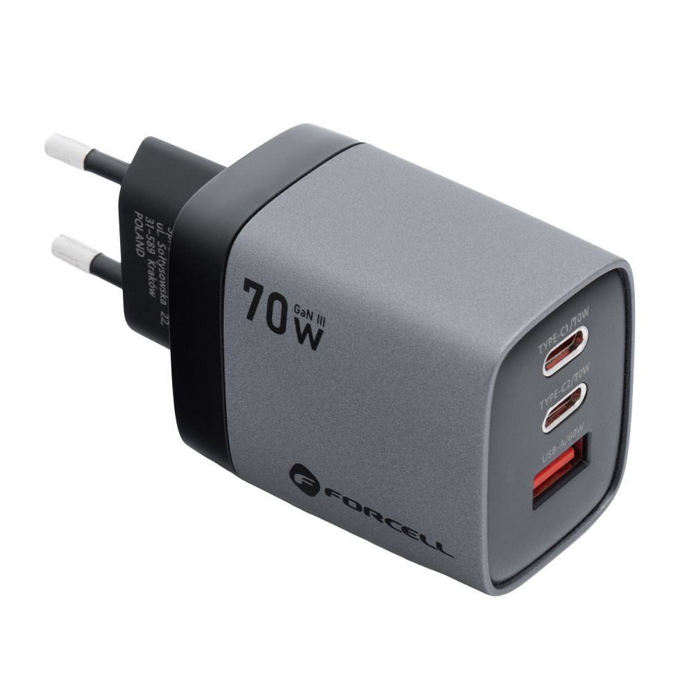 Forcell F-Energy VT-37 GaN III hálózati gyorstöltő – 70W, 2× USB-C + USB-A, PD, QC 4.0, Samsung SFC 2.0, LCD kijelző, szürke – 2. kép