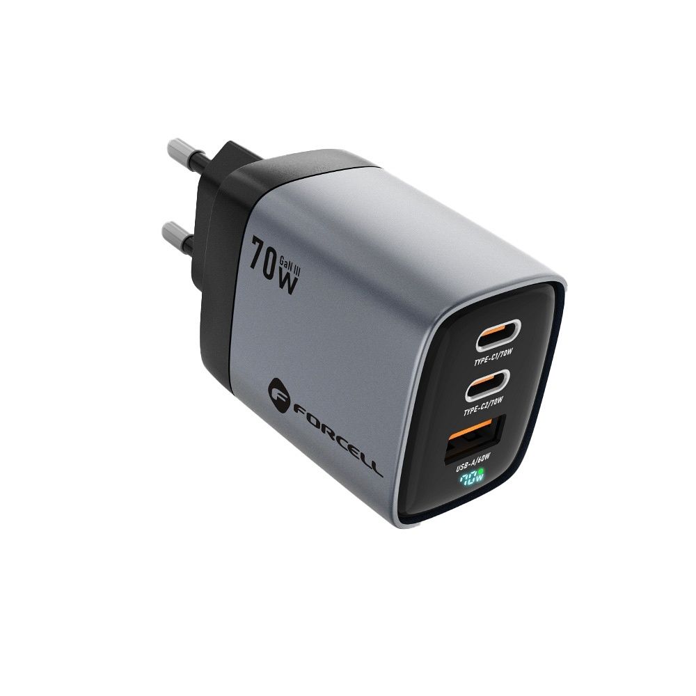 Forcell F-Energy VT-37 70W Hálózati Töltő - GaN III, LCD, 2×USB-C + USB-A, PD/QC4.0, Samsung SFC2.0