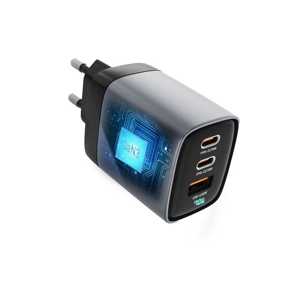 Forcell F-Energy VT-37 GaN III hálózati gyorstöltő – 70W, 2× USB-C + USB-A, PD, QC 4.0, Samsung SFC 2.0, LCD kijelző, szürke – 3. kép