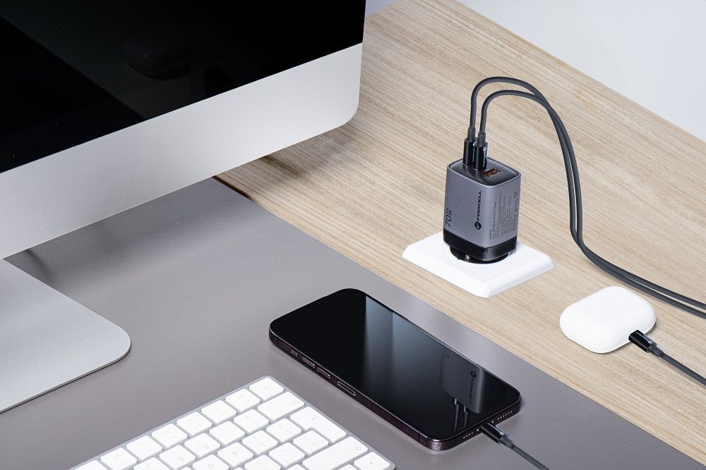 Forcell F-Energy VT-37 GaN III hálózati gyorstöltő – 70W, 2× USB-C + USB-A, PD, QC 4.0, Samsung SFC 2.0, LCD kijelző, szürke – 5. kép