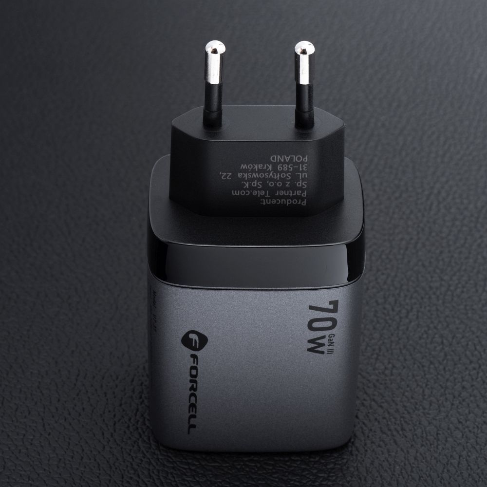 Forcell F-Energy VT-37 GaN III hálózati gyorstöltő – 70W, 2× USB-C + USB-A, PD, QC 4.0, Samsung SFC 2.0, LCD kijelző, szürke – 6. kép