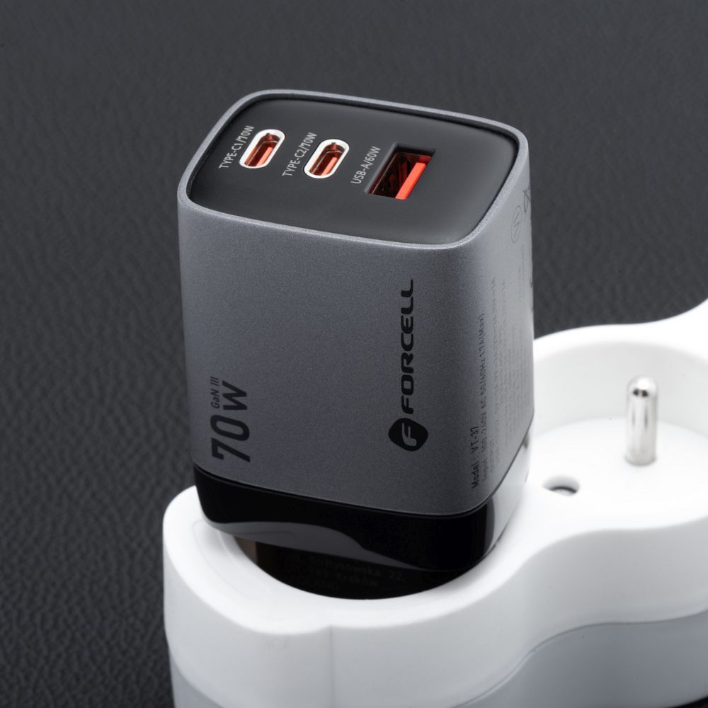 Forcell F-Energy VT-37 GaN III hálózati gyorstöltő – 70W, 2× USB-C + USB-A, PD, QC 4.0, Samsung SFC 2.0, LCD kijelző, szürke – 7. kép
