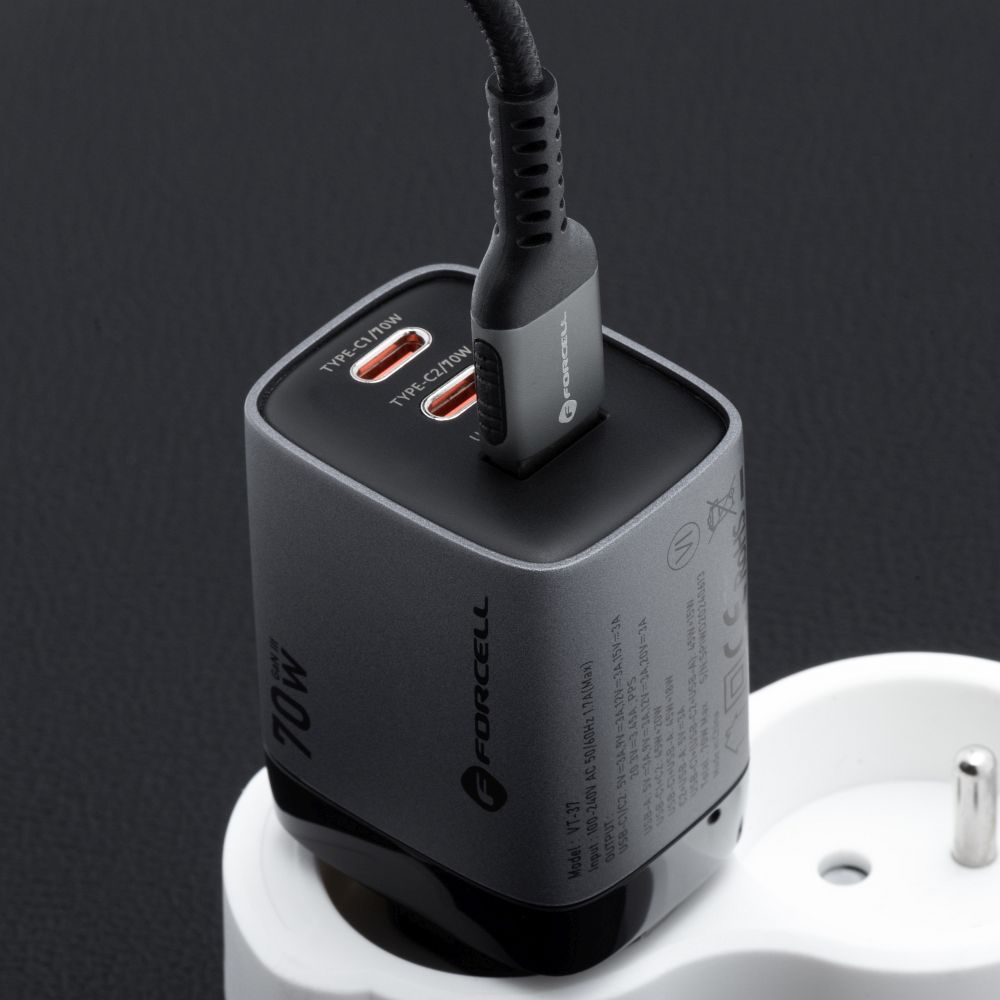 Forcell F-Energy VT-37 GaN III hálózati gyorstöltő – 70W, 2× USB-C + USB-A, PD, QC 4.0, Samsung SFC 2.0, LCD kijelző, szürke – 8. kép