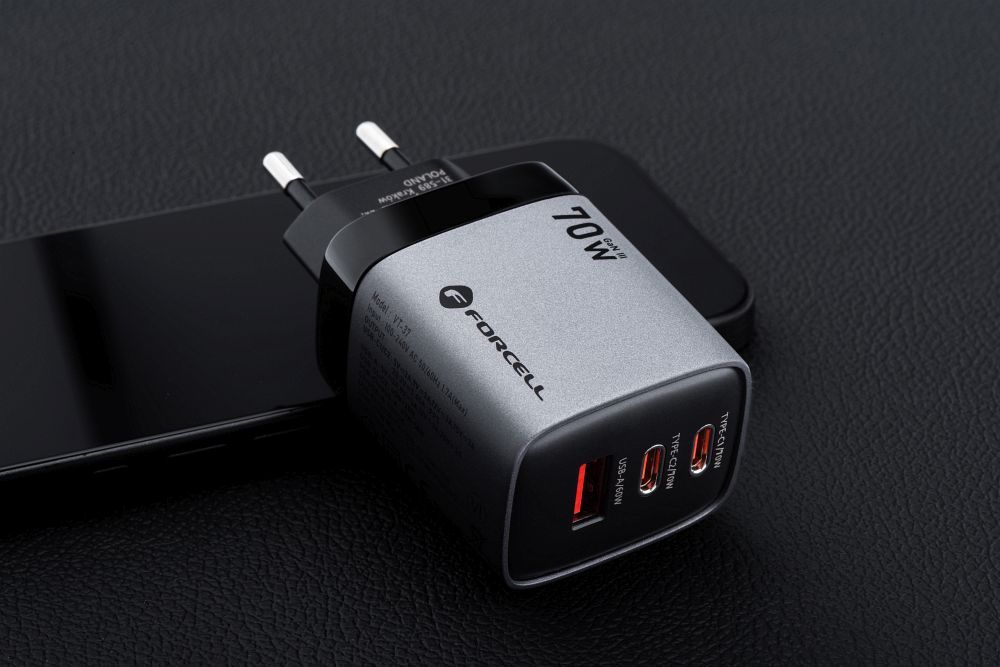 Forcell F-Energy VT-37 GaN III hálózati gyorstöltő – 70W, 2× USB-C + USB-A, PD, QC 4.0, Samsung SFC 2.0, LCD kijelző, szürke – 10. kép