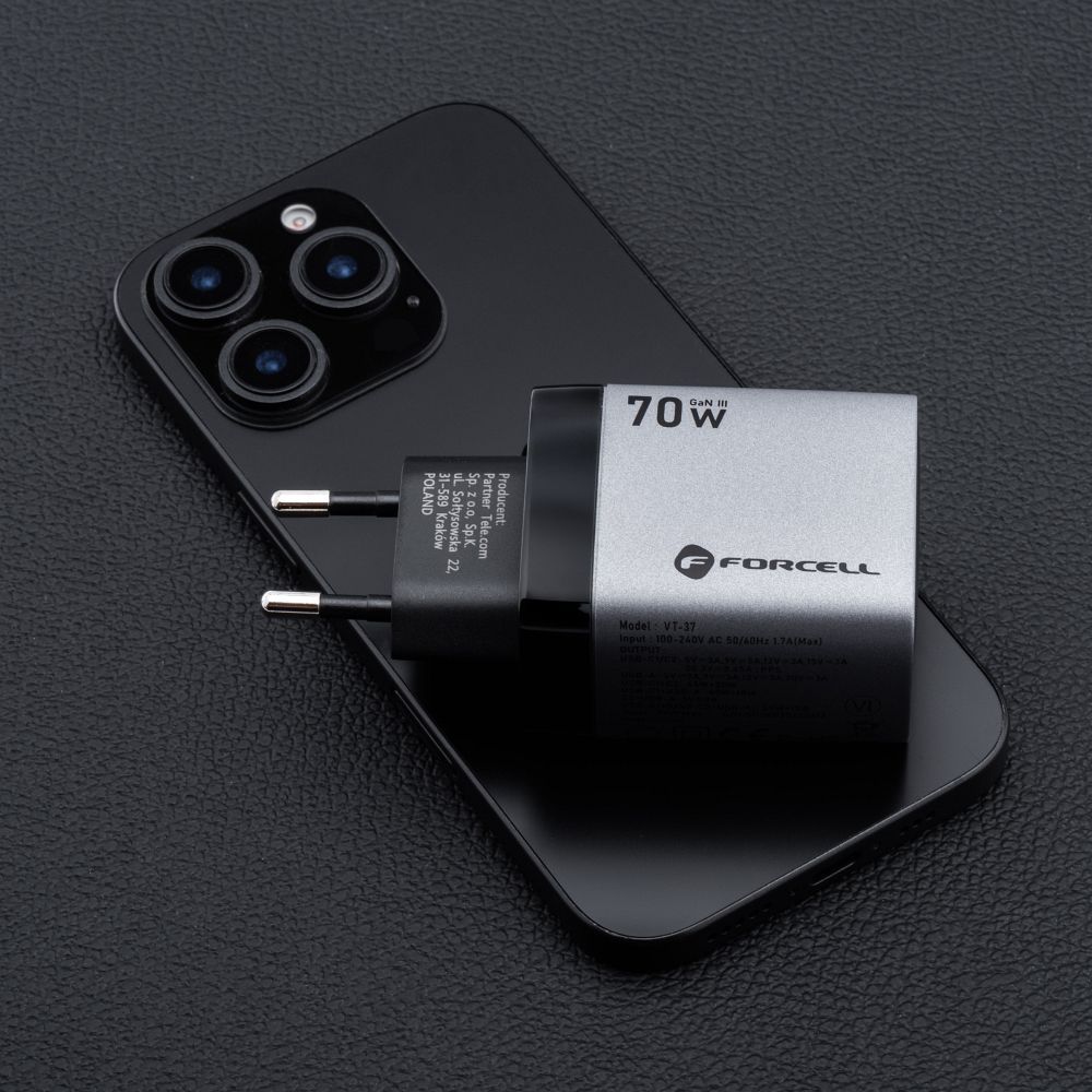 Forcell F-Energy VT-37 GaN III hálózati gyorstöltő – 70W, 2× USB-C + USB-A, PD, QC 4.0, Samsung SFC 2.0, LCD kijelző, szürke – 11. kép